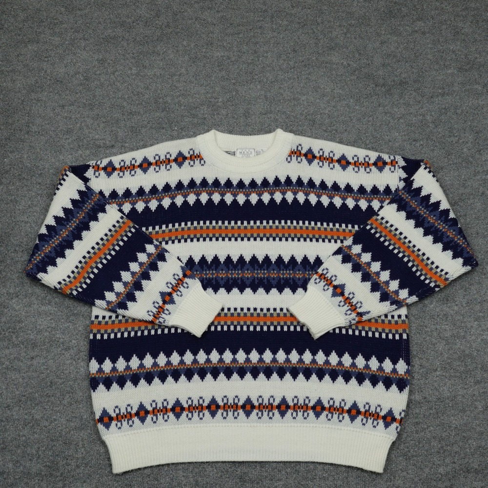 Vintage Sears Sweater Mens XL White Navy Fair Isle Geometric Knit